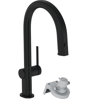 Смеситель для кухни с вытяжным изливом Hansgrohe AQITTURA M91 76803670, (1jet, чёрный матовый)