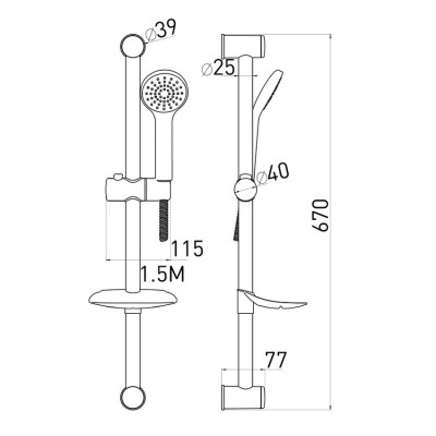 Штанга душевая VOLLE NEMO L-67 см, мыльница, ручной душ 1 режим, шланг 1,5 м, (15146100)