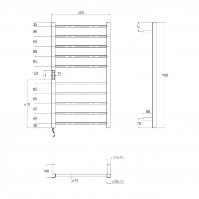 Электросушилка VOLLE CAMPO L, 120W, 500*900мм, сталь 304, 10 перемычек (5-5) круг, стойки квадрат, таймер, термостат 70°С, cepillado cromo, (9210.000113)