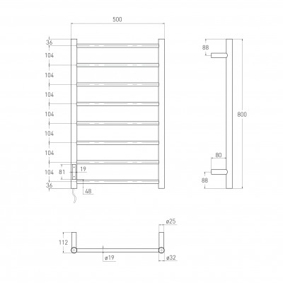 Электрический полотенцесушитель VOLLE RONDO L, 120W, 500*800мм, сталь 304, 8 перемычек круг, таймер, термостат 70°С, cromo, (9235.000101) Электрический полотенцесушитель VOLLE RONDO L, 120W, 500*800мм, сталь 304, 8 перемычек круг, таймер, термостат 70°С, cromo, (9235.000101)