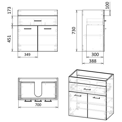 Комплект мебели RJ VELUM 70см, белый: тумба напольная, 1 ящик, 2 дверцы + умывальник накладной арт RZJ710,(RJ82700)