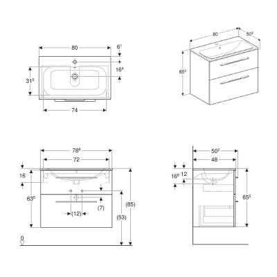 Умывальник встроенный Slim Rim с тумбой Geberit SELNOVA Square 501.242.00.1 (78,8х50,2 см, с 2мя ящиками, цвет тёмный орех)