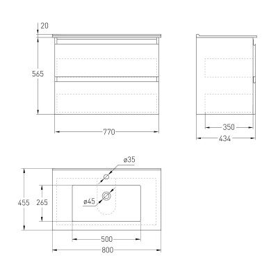 Комплект мебели VOLLE LEON 80см белый: тумба подвесная, 2 ящика + умывальник накладной арт 13-01-402В, (15-11-81)