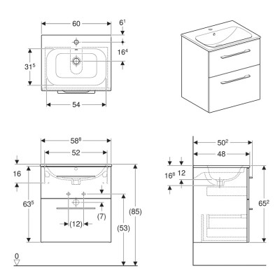 Комплект: умывальник встроенный Geberit SELNOVA Square Slim Rim, с тумбой 58,8*50,2см, с 2мя ящиками, цвет белый глянец (501.236.00.1)