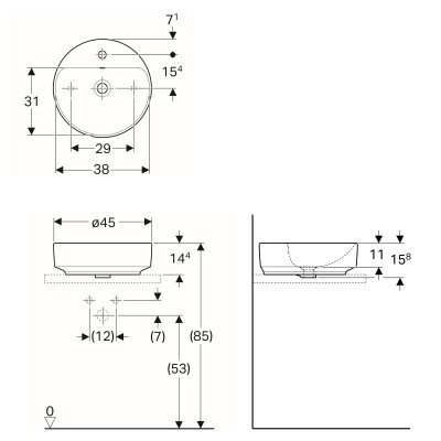 Умывальник накладной Geberit VARIFORM, круглой формы Ø45см, с полкой для отверстия под смеситель, с переливом (500.769.01.2)