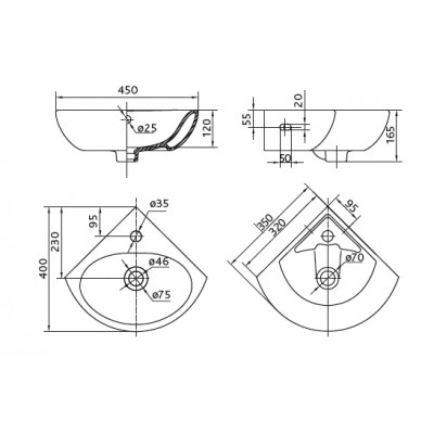 Умывальник угловой с отверстием Kolo RUNA, с переливом 35*45 см (L82735000)