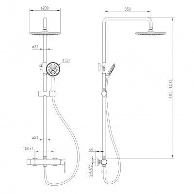 Душевая система Volle SISTEMA E 1580.091101 (смеситель для душа, душ 230 мм, ручной душ 3 режима, шланг полимер 1,6 м), cromo