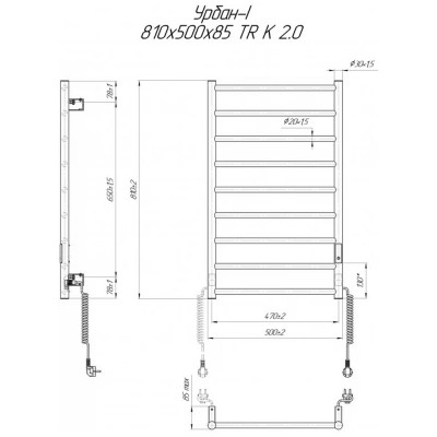 Полотенцесушитель электрический Mario 2.3.8300.10.BM Урбан-I 810x500/85 TR K 2.0 (в комплекте с кабелем и вилкой и набором для скрытого подключения), черный матовый