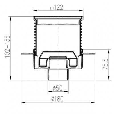 Двухкорпусный трап с вертикальным подключением MCH 420XL (DN50, h 102-156мм, сухой сифон Neptun, с фланцем, квадратная решетка из нержавеющей стали)