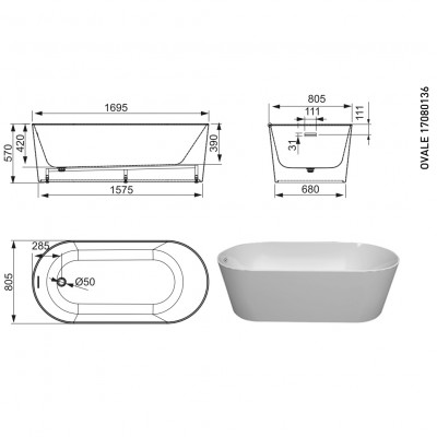 Ванна акриловая отдельностоящая DEVIT OVALE 17080136 с ножками и сифоном