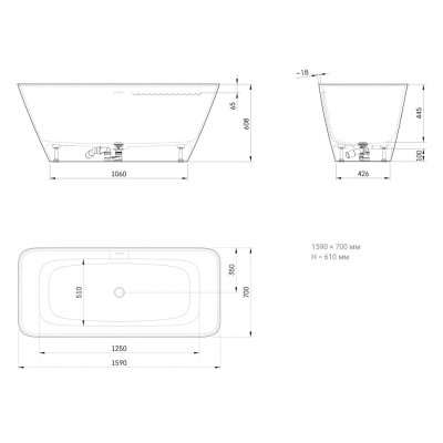 Ванна отдельностоящая 159 см из литого искусственного камня Silkstone PAA VAQUAS/00 QUADRO (с интегрированным сифоном, цвет белый мат)