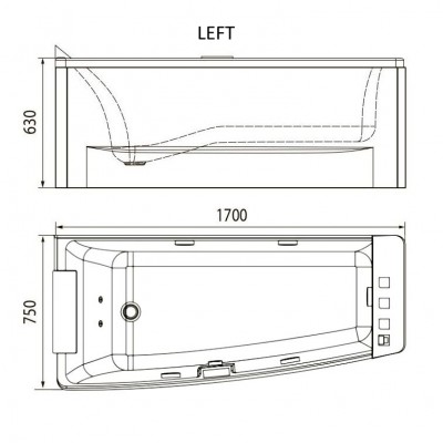 Ванна асимметричная с гидромассажем Volle 12-88-102/L 170*75*63см, левая