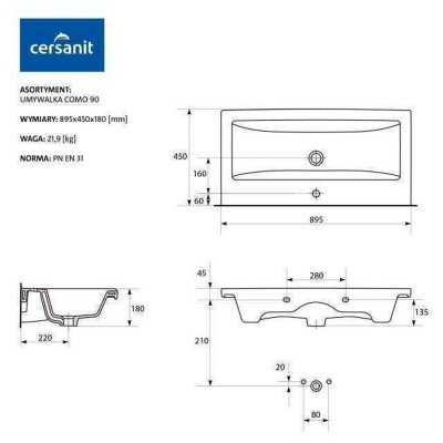 Умывальник мебельный Cersanit COMO 90 Умывальник мебельный Cersanit COMO 90