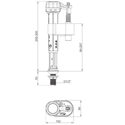 Арматура наполнительная Koer KT-0104-1/2" с нижним подключением и пластиковой резьбой 1/2" (KR5333)