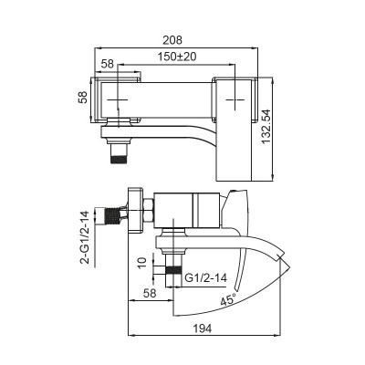 Смеситель для ванны с коротким изливом KOER KB-41007-01 (KR3454), хром