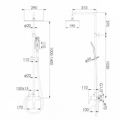 Cистема душевая Imprese MODUS f03008210SB (смеситель для ванны, верхний душ 290*190мм ABS, ручной душ 110*80мм 3 режима, штанга 140см, шланг 150см SS), черный матовый