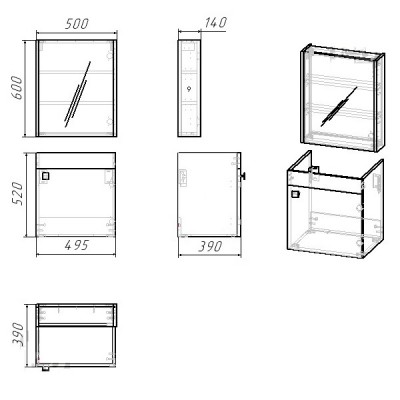 Комплект мебели 50см RJ ATLANT RJ02500OK: тумба подвесная, 1 дверца + зеркальный шкаф 50*60см + умывальник мебельный артикул RZJ510