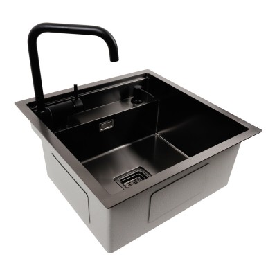 Скрытая кухонная мойка с подоконным смесителем Platinum TZ 50*50, черная