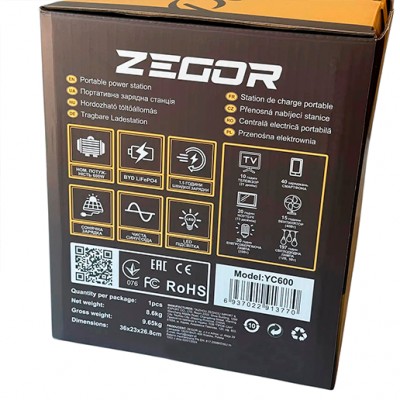 Зарядная станция Zegor YC600 (аккумулятор BYD, Чистая синусоида, 600 Вт, пиковая мощность 1200Вт, 655.36 Вт/ч) Зарядная станция Zegor YC600 (аккумулятор BYD, Чистая синусоида, 600 Вт, пиковая мощность 1200Вт, 655.36 Вт/ч)
