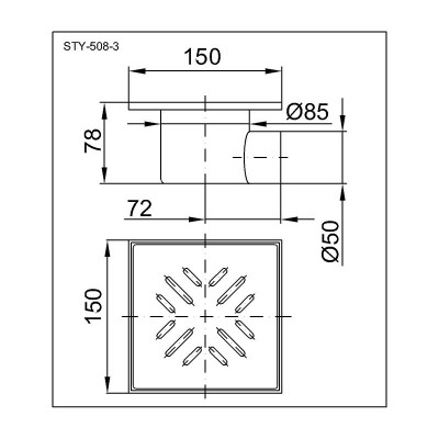 Трап для душа с решеткой из нержавеющей стали Styron STY-508-3 (150 х 150 мм, с горизонтальным выпуском 50 мм)