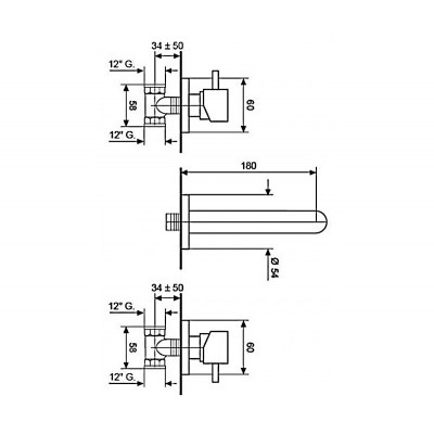 Смеситель для умывальника Emmevi PIPER хром настенный на 3 отверстия CR45155A