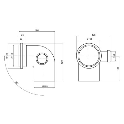 Колено канализационное с отводом TA Sewage 110х110х50, 90° Колено канализационное с отводом TA Sewage 110х110х50, 90°