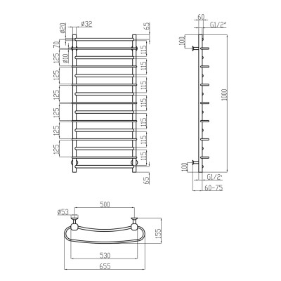 Полотенцесушитель водяной Lidz Standard (CRM) РЛС D32/20х1/2" 500x1000 P6