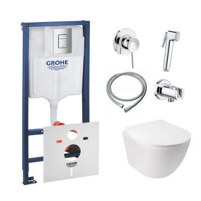 Комплект инсталляция Grohe Rapid SL 38772001 + унитаз с сиденьем Qtap Jay QT07335176W + набор для гигиенического душа Grohe BauClassic 111048