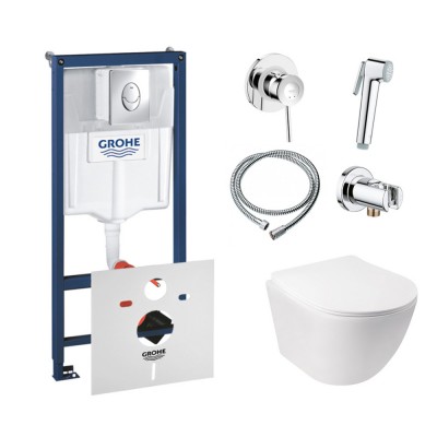 Комплект инсталляция Grohe Rapid SL 38721001 + унитаз с сиденьем Qtap Jay QT07335176W + набор для гигиенического душа Grohe BauClassic 111048