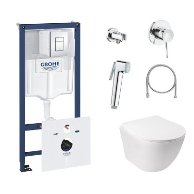 Комплект инсталляция Grohe Rapid SL 38827000 + унитаз с сиденьем Qtap Jay QT07335176W + набор для гигиенического душа Grohe BauClassic 111048