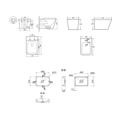 Комплект Qtap Tern Marble 3 в 1: унитаз подвесной Ultra Quiet + биде подвесное + раковина накладная QTTERMR49164