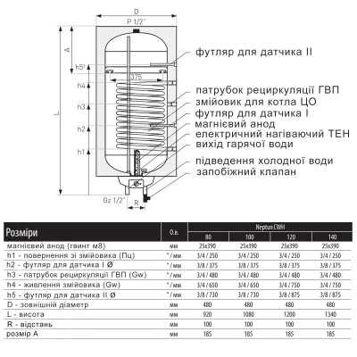 Водонагреватель электрический комбинированный Thermo Alliance Neptun вертикальный 100 л. т.о. 0,6 кв.м левый, мокрый ТЭН 1,5 кВт (CWH 10048 8S L)