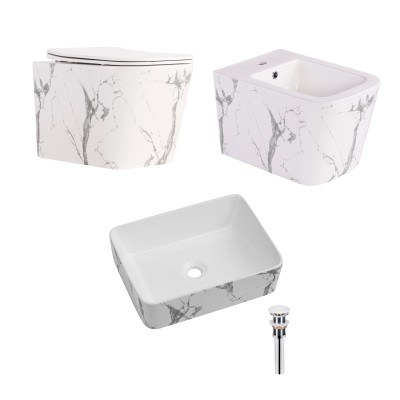 Комплект Qtap Tern Marble 3 в 1: унитаз подвесной Ultra Quiet + биде подвесное + раковина накладная QTTERMR49164