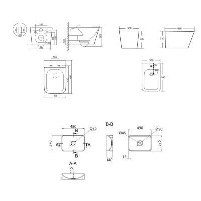 Комплект Qtap Tern Stone grey 3 в 1: унитаз подвесной Ultra Quiet + биде подвесное + раковина накладная QTTERSG49162