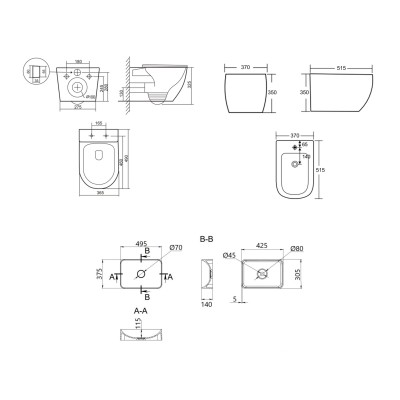 Комплект Qtap Robin Anthracite 3 в 1: унитаз подвесной Ultra Quiet + биде подвесное + раковина накладная QTROBAN49157