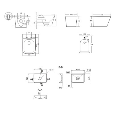 Комплект Qtap Tern Anthracite 3 в 1: унитаз подвесной Ultra Quiet + биде подвесное + раковина накладная QTTERAN49161
