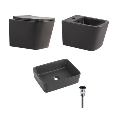 Комплект Qtap Tern Anthracite 3 в 1: унитаз подвесной Ultra Quiet + биде подвесное + раковина накладная QTTERAN49161