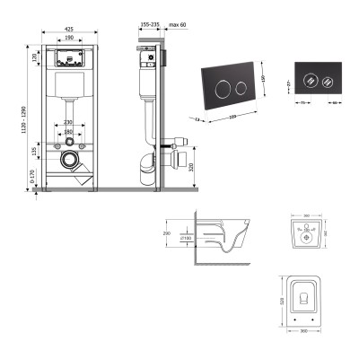 Подвесной унитаз Crow Ultra Quiet 520×360×290 + комплект инсталляции Nest 4 в 1 (круглая клавиша Matt Black)