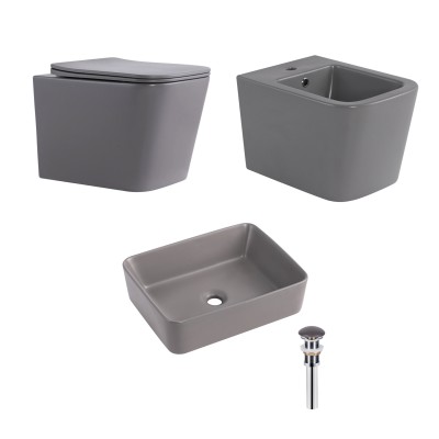 Комплект Qtap Tern Stone grey 3 в 1: унитаз подвесной Ultra Quiet + биде подвесное + раковина накладная QTTERSG49162