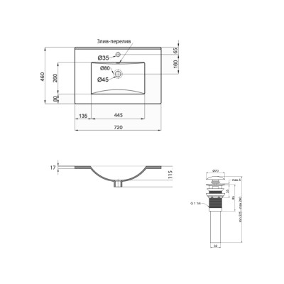 Раковина врезная мебельная Albatross  720x460x180 мм, White, прямоугольная + Донный клапан Pop-up PU02O