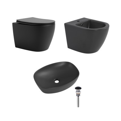 Комплект Qtap Robin Anthracite 3 в 1: унитаз подвесной Ultra Quiet + биде подвесное + раковина накладная QTROBAN49157