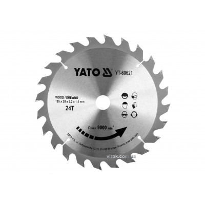 Диск пильный по дереву YATO 185 x 20 x 2.2 x 1.5 мм 24 зубца R.P.M до 9500 1/мин Диск пильный по дереву YATO 185 x 20 x 2.2 x 1.5 мм 24 зубца R.P.M до 9500 1/мин