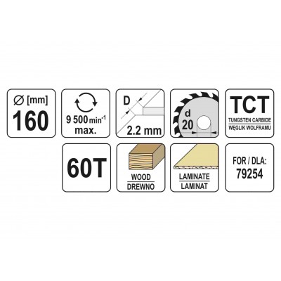 Диск пильный по дереву YATO 160 x 20 x 2.2 x 1.5 мм 60 зубцов R.P.M до 9500 1/мин