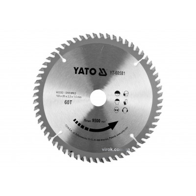 Диск пильный по дереву YATO 160 x 20 x 2.2 x 1.5 мм 60 зубцов R.P.M до 9500 1/мин Диск пильный по дереву YATO 160 x 20 x 2.2 x 1.5 мм 60 зубцов R.P.M до 9500 1/мин