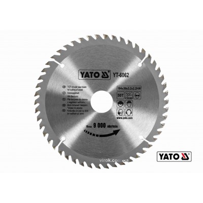Диск пильный по дереву YATO 184 х 30 х 3.2 х 2.2 мм 50 зубцов R.P.M до 9000 1/мин Диск пильный по дереву YATO 184 х 30 х 3.2 х 2.2 мм 50 зубцов R.P.M до 9000 1/мин