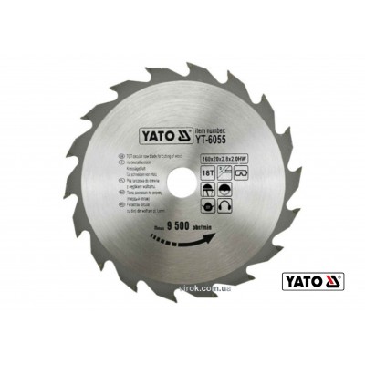Диск пильный по дереву YATO 160 х 20 х 2.8 х 2 мм 18 зубцов R.P.M до 9500 1/мин Диск пильный по дереву YATO 160 х 20 х 2.8 х 2 мм 18 зубцов R.P.M до 9500 1/мин
