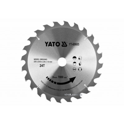 Диск пильный по дереву YATO 235 x 25.4 x 2.8 x 1.8 мм 24 зубца R.P.M до 7000 1/мин Диск пильный по дереву YATO 235 x 25.4 x 2.8 x 1.8 мм 24 зубца R.P.M до 7000 1/мин