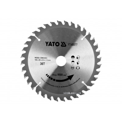 Диск пильный по дереву YATO 160 x 20 x 2.2 x 1.5 мм 36 зубцов R.P.M до 9500 1/мин Диск пильный по дереву YATO 160 x 20 x 2.2 x 1.5 мм 36 зубцов R.P.M до 9500 1/мин