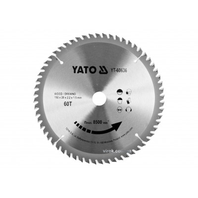 Диск пильный по дереву YATO 190 x 20 x 2.2 x 1.5 мм 60 зубцов R.P.M до 8500 1/мин Диск пильный по дереву YATO 190 x 20 x 2.2 x 1.5 мм 60 зубцов R.P.M до 8500 1/мин