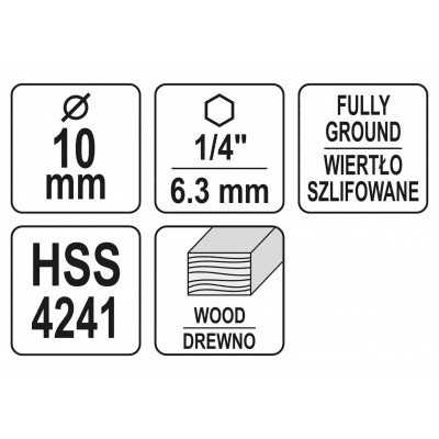 Сверло по дереву спиральное YATO Ø10 x 100/60 мм HEX 1/4" HSS 4241 Сверло по дереву спиральное YATO Ø10 x 100/60 мм HEX 1/4" HSS 4241
